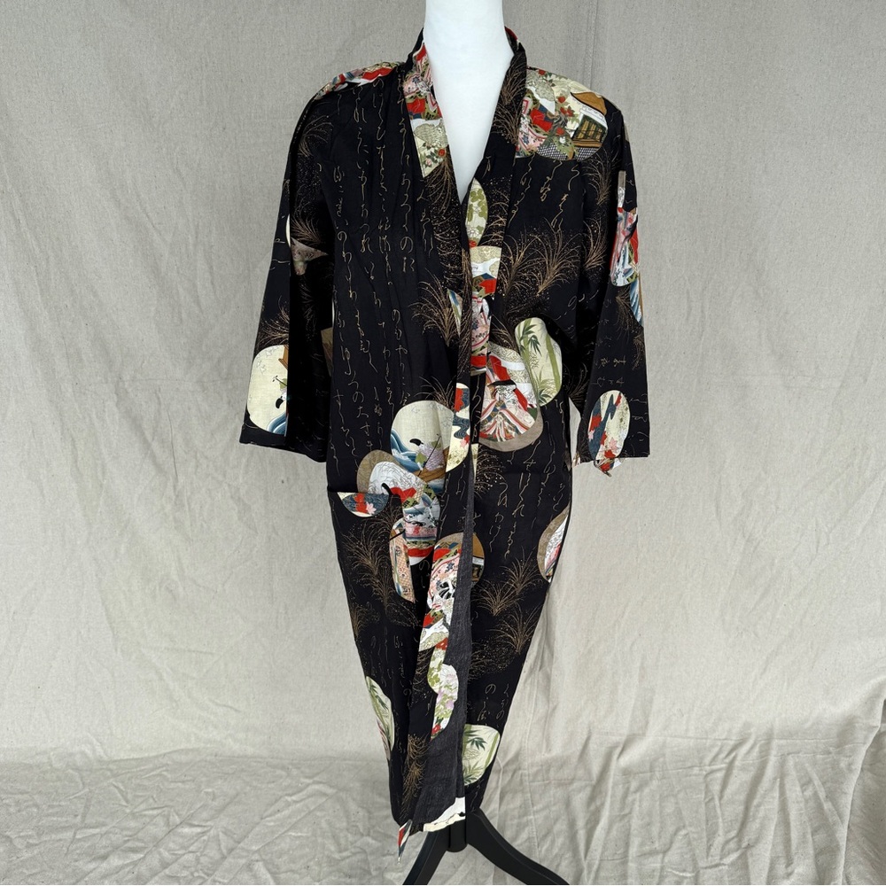 Japanese Princess Black Cotton Kimono Robe Size OS